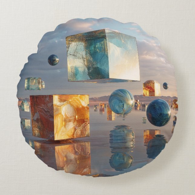 Surreal Floating Cubes And Spheres Round Cushion (Front)
