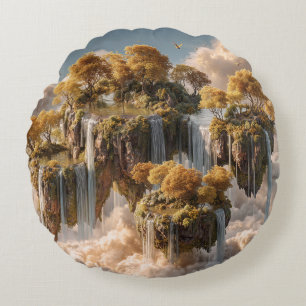 Surreal Floating Islands With Golden Trees Round Cushion