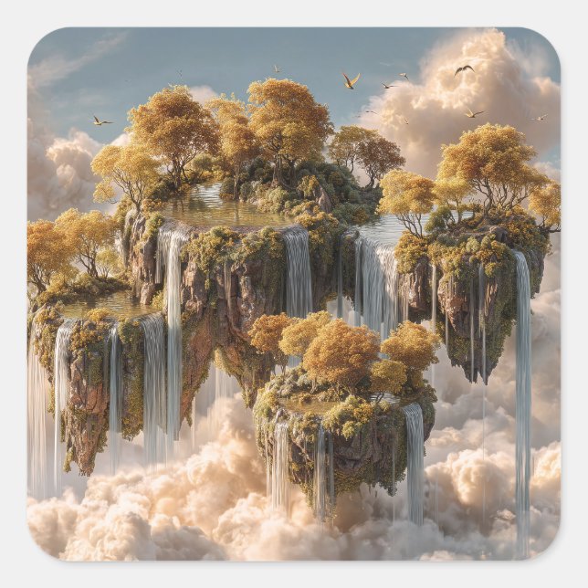 Surreal Floating Islands With Golden Trees Square Sticker (Front)