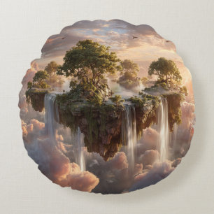 Surreal Floating Islands With Waterfalls Round Cushion