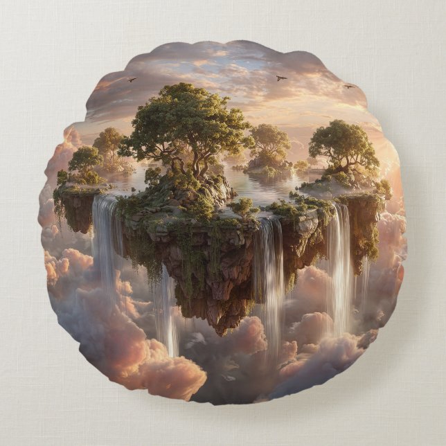 Surreal Floating Islands With Waterfalls Round Cushion (Front)