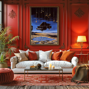 Surreal Floating Piano with Musical Notes Poster