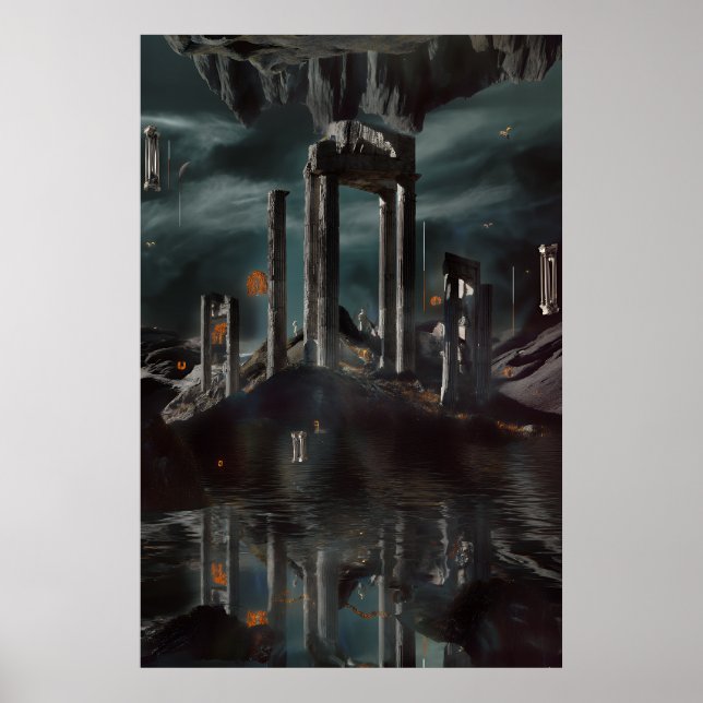 Surreal Floating Ruins Obsidian Pool Poster (Front)