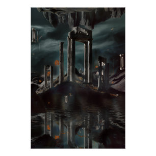 Surreal Floating Ruins Obsidian Pool Poster