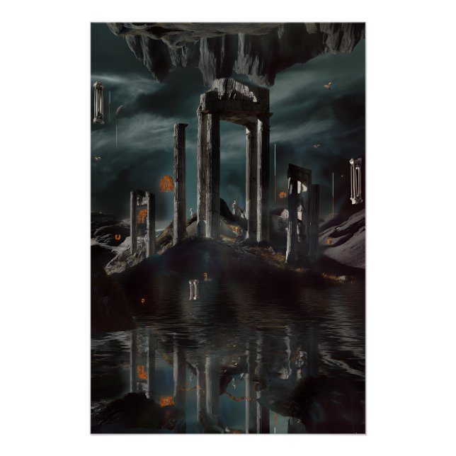 Surreal Floating Ruins Obsidian Pool Poster (Front)