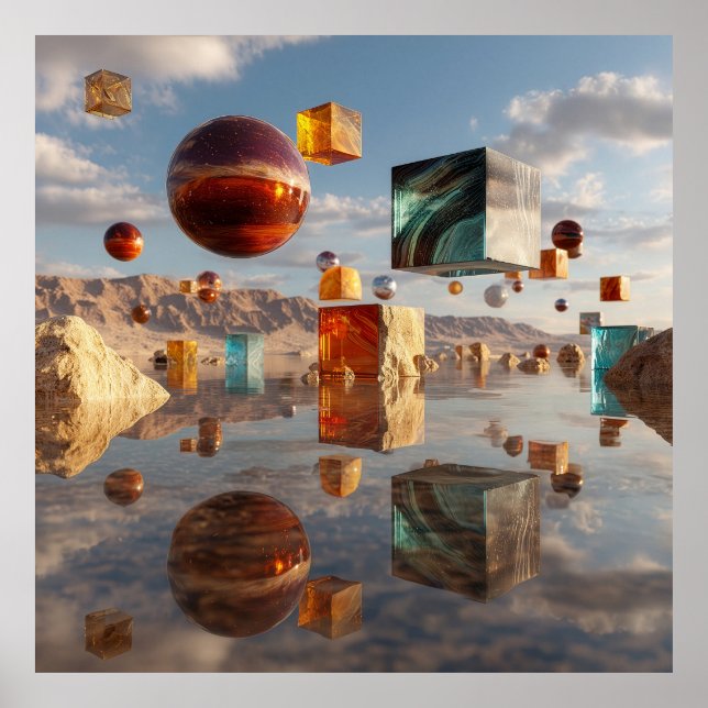 Surreal Floating Spheres And Cubes Poster (Front)