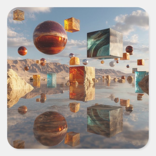 Surreal Floating Spheres And Cubes Square Sticker (Front)