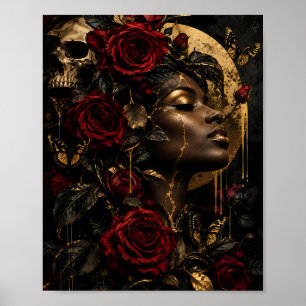 Surreal Floral Black Queen Gold Leaf & Red Roses Poster