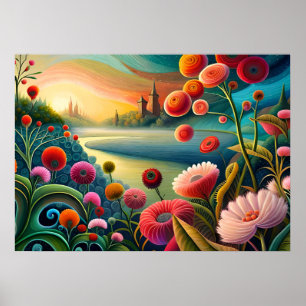Surreal Floral Landscape: Abstract River and Tower Poster