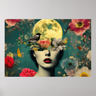 Surreal Floral Moon Portrait Poster