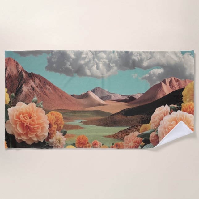 Surreal Floral Mountainscape With Dramatic Clouds Beach Towel (Front)