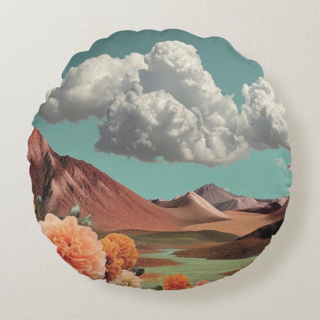 Surreal Floral Mountainscape With Dramatic Clouds Round Cushion (Front)