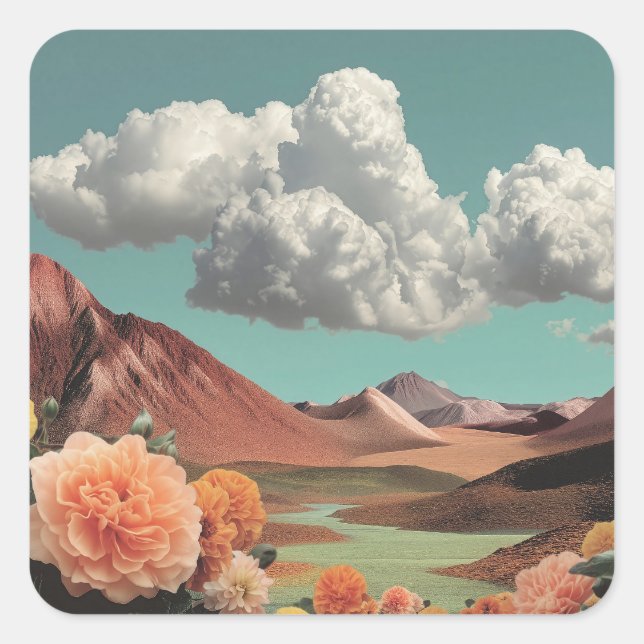 Surreal Floral Mountainscape With Dramatic Clouds Square Sticker (Front)
