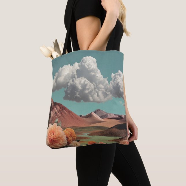 Surreal Floral Mountainscape With Dramatic Clouds Tote Bag (Close Up)