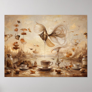 Surreal Flying Fish and Teacups Painting Poster
