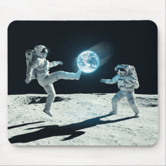 Surreal Football Art with Astronauts on Moon Mouse Pad