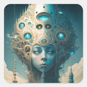 Surreal Futuristic Alien Woman Lanscape Square Sticker