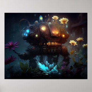 Surreal Futuristic Flowers Robot Poster