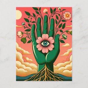 Surreal Gardeners Green Hand Pink Sky Postcard