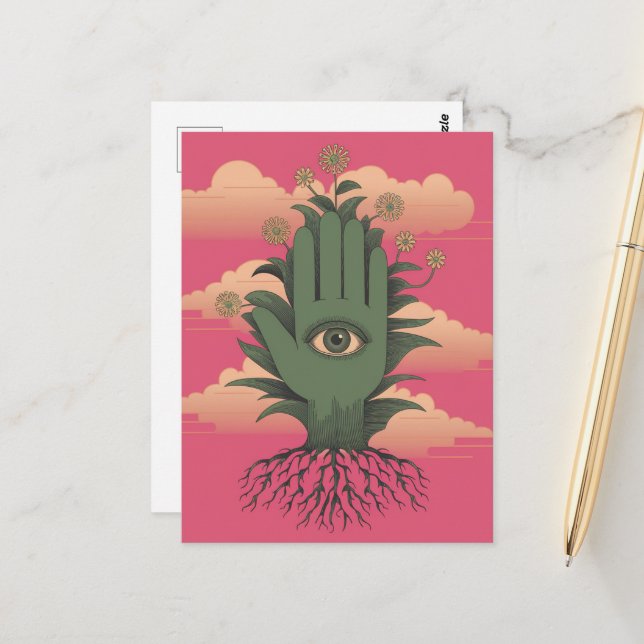 Surreal Gardeners Green Hand With Flowers Postcard (Front/Back In Situ)