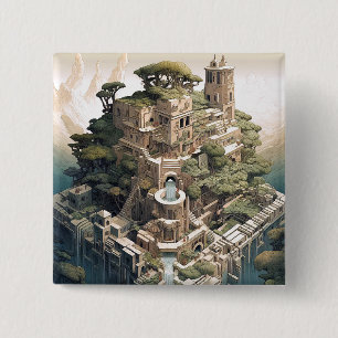 Surreal Geometric City Landscape Fantasy Art 15 Cm Square Badge