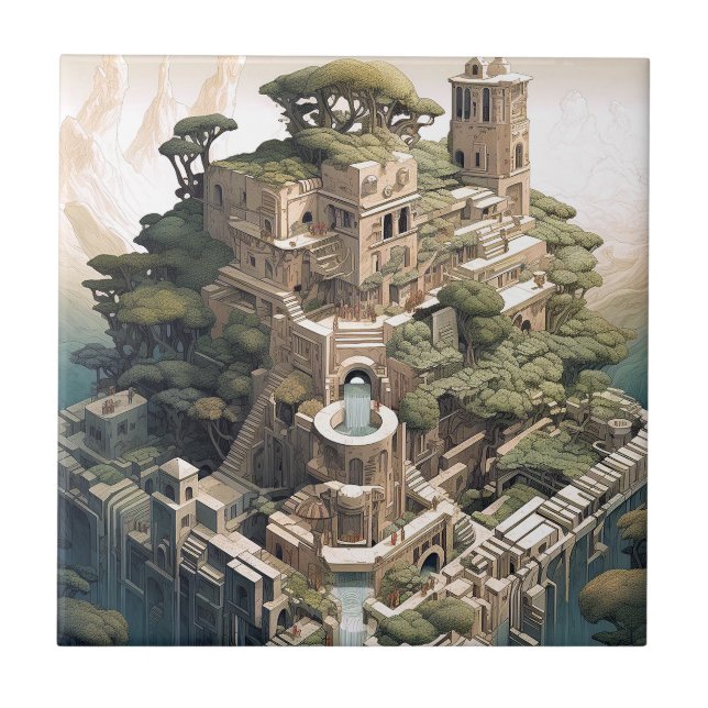 Surreal Geometric City Landscape Fantasy Art Ceramic Tile (Front)