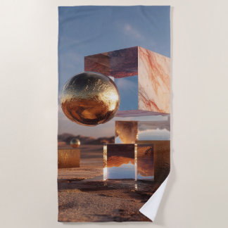 Surreal Geometric Composition With Golden Spheres Beach Towel