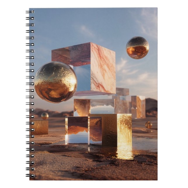 Surreal Geometric Composition With Golden Spheres Notebook (Front)