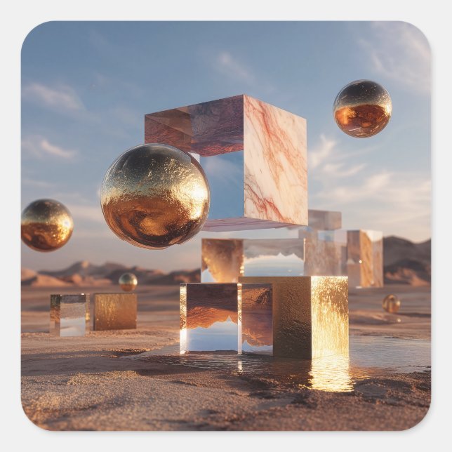 Surreal Geometric Composition With Golden Spheres Square Sticker (Front)