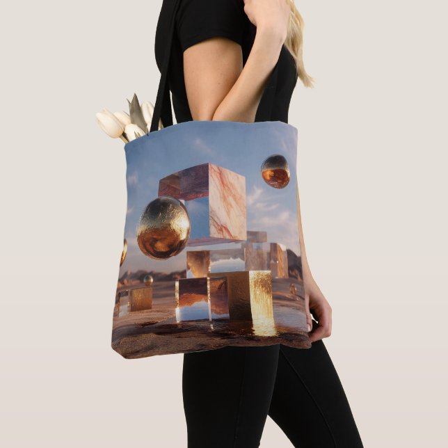 Surreal Geometric Composition With Golden Spheres Tote Bag (Close Up)