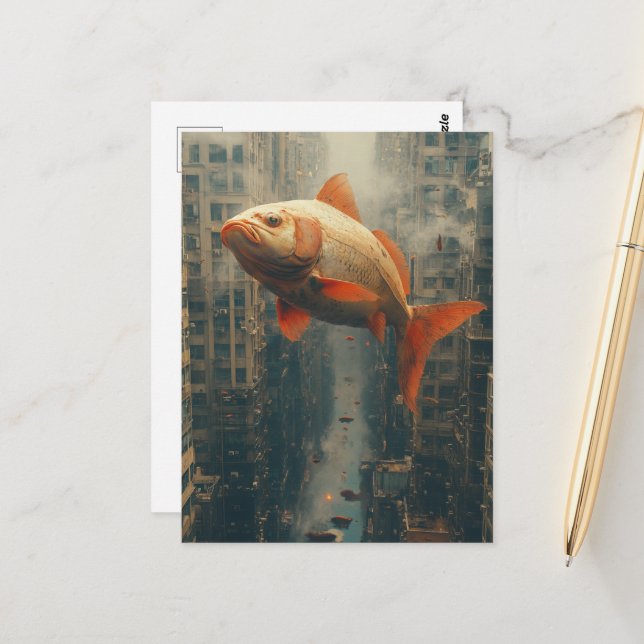 Surreal Giant Fish in The City Sky Postcard (Front/Back In Situ)