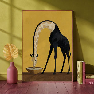 Surreal Giraffe Drinking from Bowl Minimalist Art Poster