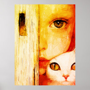 Surreal Girl and Cat Wall Art – Green Eyes Fantasy