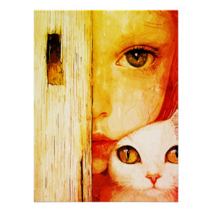 Surreal Girl and Cat Wall Art – Green Eyes Fantasy