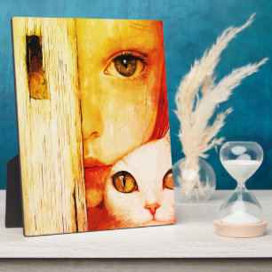 Surreal Girl and Cat Wall Art – Green Eyes Fantasy Plaque