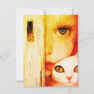 Surreal Girl and Cat Wall Art – Green Eyes Fantasy Postcard