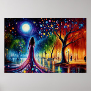 Surreal girl fantasy moonlight park rainbow trees poster