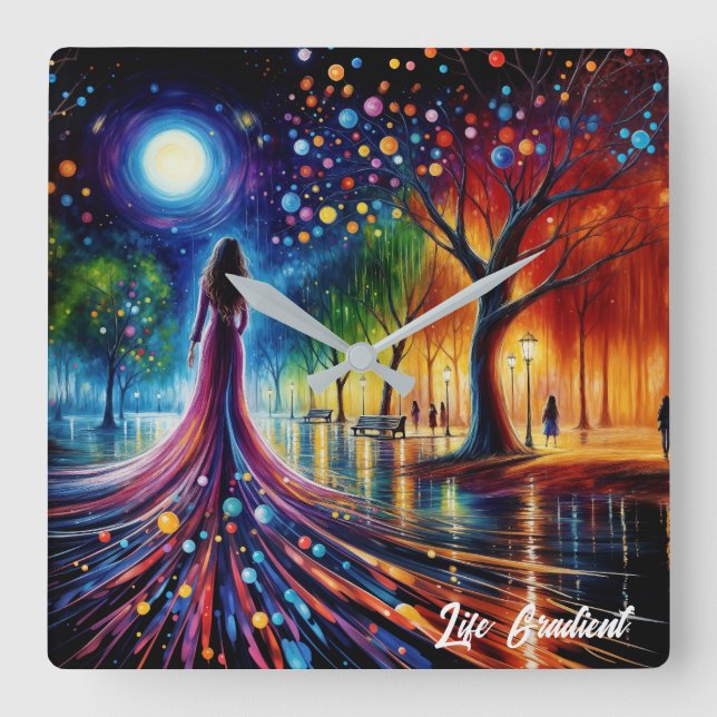 Surreal girl fantasy moonlight park rainbow trees square wall clock (Front)