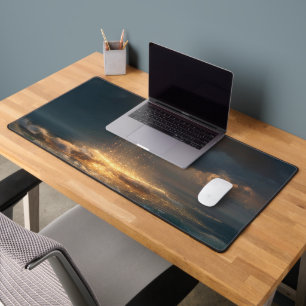 Surreal Golden Crescent Moon Above Ocean Desk Mat