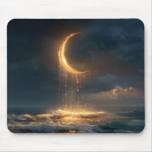 Surreal Golden Crescent Moon Above Ocean Mouse Pad