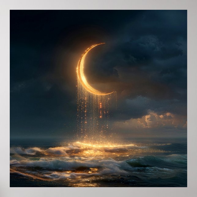 Surreal Golden Crescent Moon Above Ocean Poster (Front)