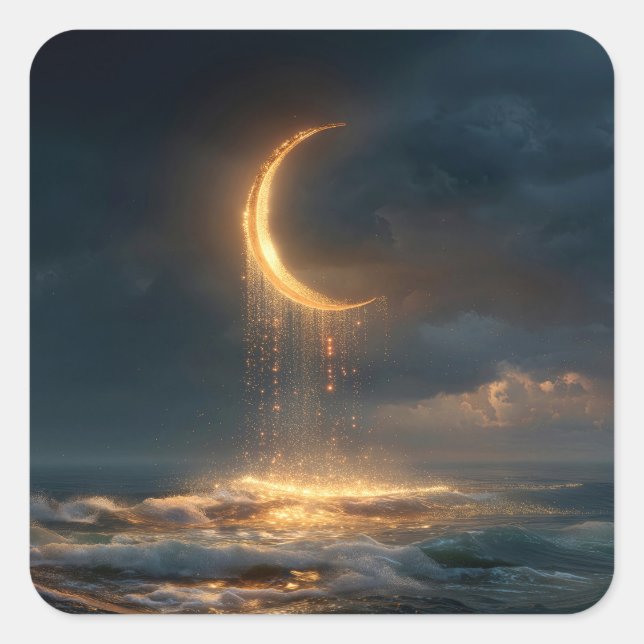 Surreal Golden Crescent Moon Above Ocean Square Sticker (Front)