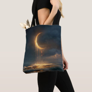 Surreal Golden Crescent Moon Above Ocean Tote Bag
