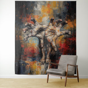 Surreal Hands Emerging from Feet Expressive Tapestry