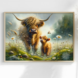 Surreal Highlander Cow With Calf Fantasy Landscape Poster