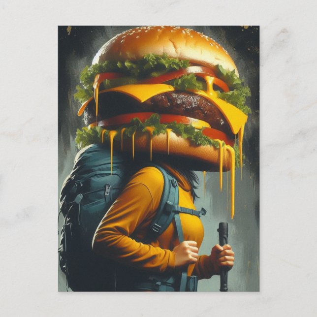 Surreal Hiker Cheeseburger Head Postcard (Front)