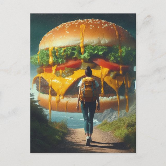 Surreal Hiker Dreaming of Giant Cheeseburger Postcard (Front)