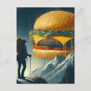 Surreal Hiker Giant Cheeseburger over Mountains Postcard
