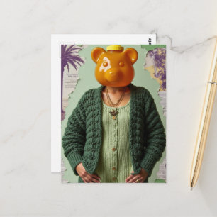 Surreal Honey Bear Woman Mixed Media Collage Postcard