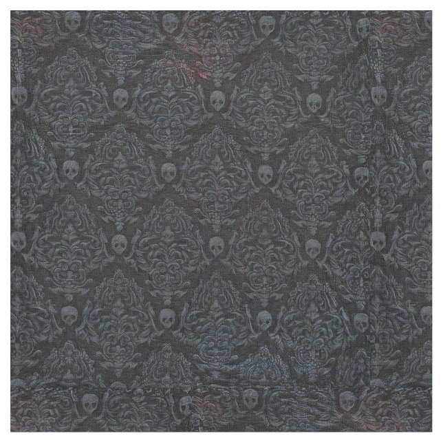 Surreal Horror Skulls, Grey on Black  Fabric (Close Up)